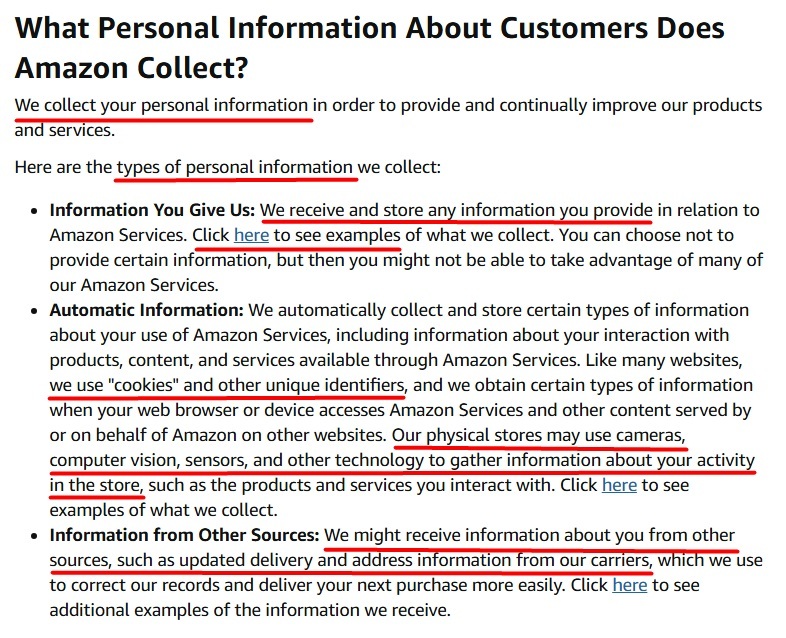 Excerpt of Amazon Privacy Notice personal information collection clause