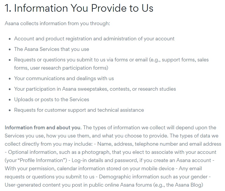 Asana Privacy Policy: Information You Provide to Us - From and About You clause excerpt