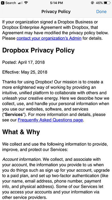 Dropbox mobile app: Screenshot of Privacy Policy intro