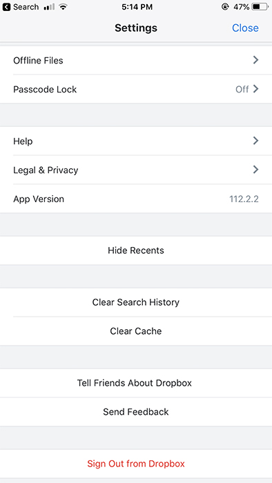 Dropbox mobile app Settings menu screen