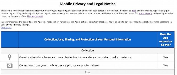 Screenshot of eBay Mobile Privacy Notice