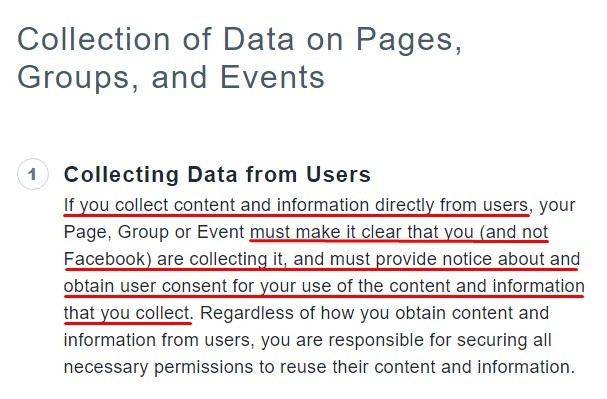 Facebook Policy Center: Collection of Data on Pages Groups and Events - Collecting Data from Users section