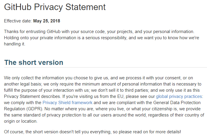 GitHub Privacy Statement: Intro and Short Version clause