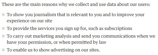 The Guardian Privacy Policy intro clause: Main reasons we collect and use data