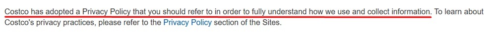 Costco Terms and Conditions Privacy Policy clause