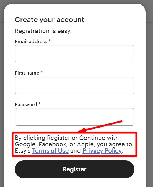 Etsy registration form