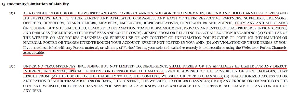 Forbes Terms and Conditions Limitation of liability clause