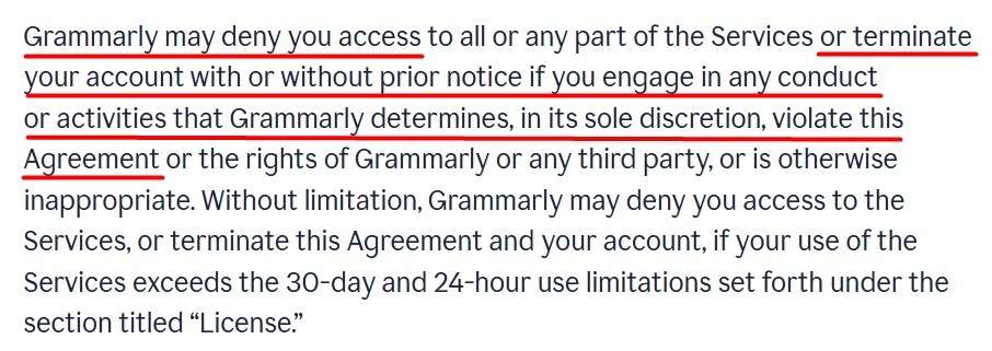 Grammarly Terms of Service Termination and refund policy clause expanded