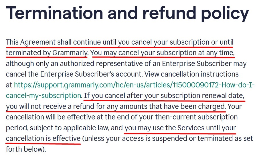Grammarly Terms of Service Termination and refund policy clause