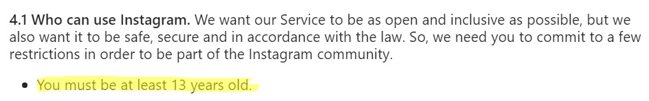 Instagram Terms of Use Age clause