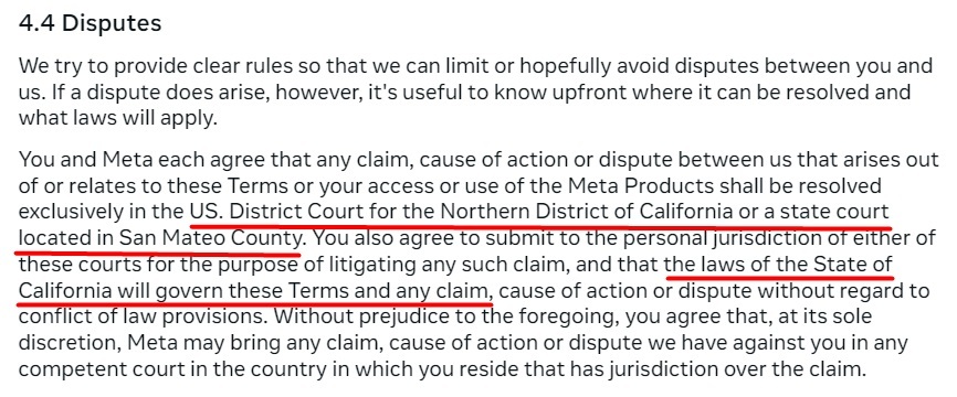 Meta Terms of Service Disputes clause