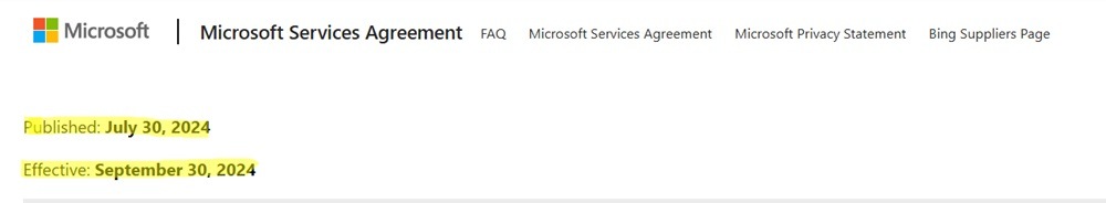 Microsoft Services Agreement with dates highlighted