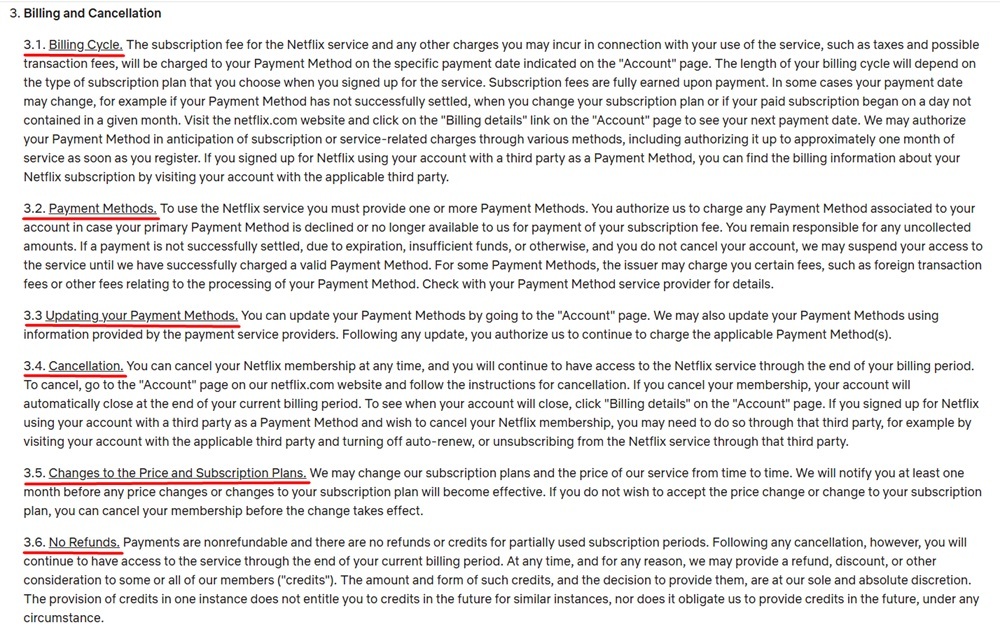 Netflix Terms of Use Billing and cancellation clause
