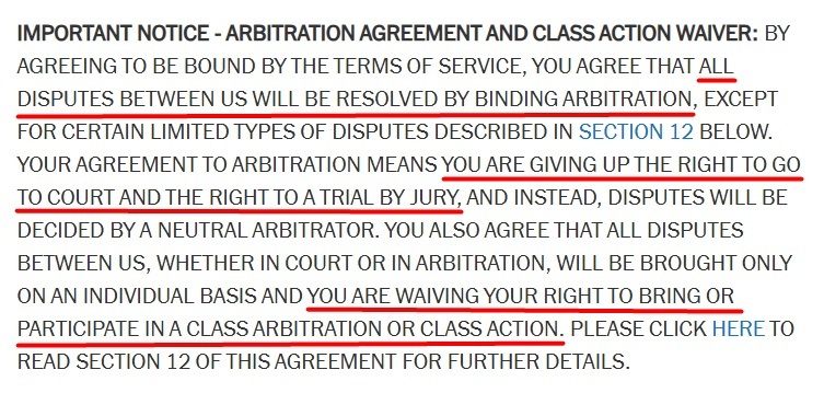 NYT Terms of Service Arbitration clause