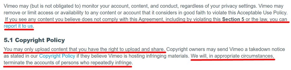 Vimeo Terms of Service Copyright clause