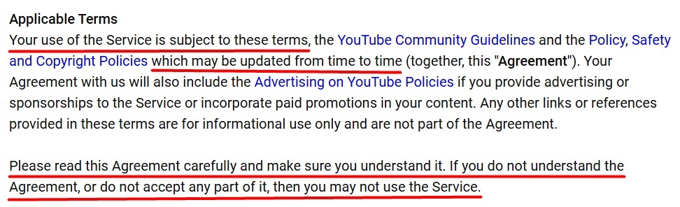 YouTube Terms of Service Applicable terms clause