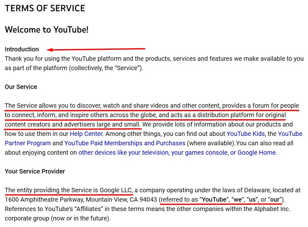 YouTube Terms of Service Introduction clause